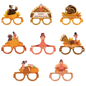Set of 8 Thanksgiving party paper glasses featuring cartoon turkey pumpkin and maple leaf designs