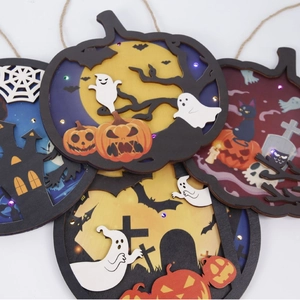 Halloween Wooden LED Light Up Hanging Sign Ghost Pumpkin Bat Castle Door Wall Plaque Spooky Festival Home Party Decor