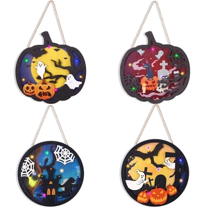 Plaque Suspendue en Bois LED Halloween Fantôme Citrouille Château Chauve-souris Toile d'araignée Décoration de Fête