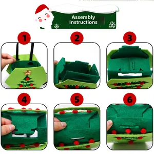 Step-by-step assembly guide for a green felt Christmas tree gift bag with red pom-poms