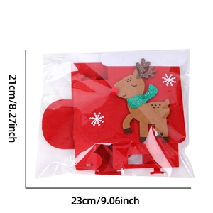 Flat view of a red Christmas felt reindeer gift bag showing dimensions 23x21cm