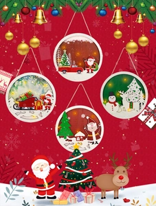 Detail of four light-up wooden Christmas ornaments with Santa, reindeer and snowman motifs