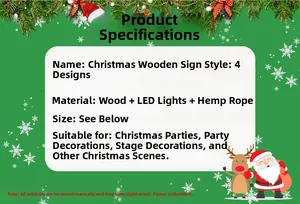 Detail of four light-up wooden Christmas signs featuring Santa and reindeer designs