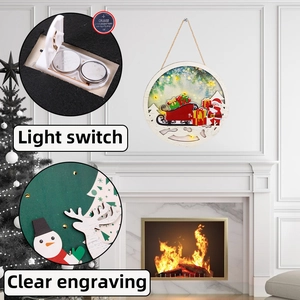 Detail of multi-layer wooden Christmas sign with LED light and clear engraving