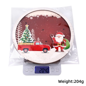 Macro view of a 204g wooden Christmas sign featuring Santa Claus and a red pickup truck