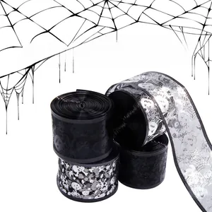 Detail of Halloween LED double-layer ribbon with silver pumpkin and skull prints