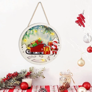 Christmas LED wooden door sign with Santa Claus and warm lights hanging decoration