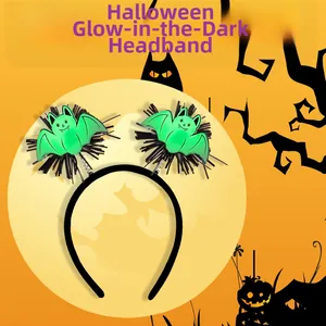 Detail of glowing green bat elements on a Halloween headband with spooky moon background