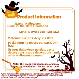 Halloween glowing headbands detailed specification chart with pumpkin and witch motifs