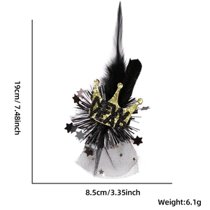 Detailed view of black and gold feather crown headband with size and weight dimensions