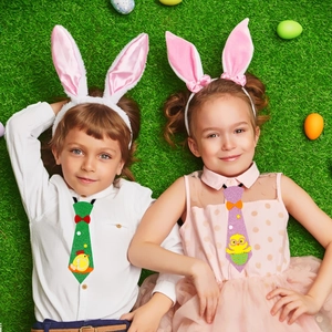 Sparkly Easter ties for kids featuring cartoon chick motifs in green and pink purple