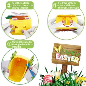 DIY Easter felt gift bag assembly showing yellow rabbit basket with assembly steps