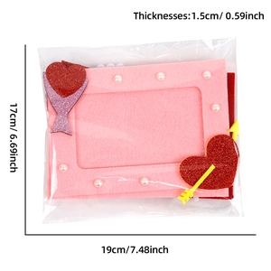 Pink felt heart photo frame with glitter accents and size dimensions 19cm x 17cm