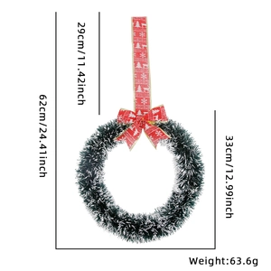 62cm Christmas wreath with green tinsel and festive red bow for holiday home decoration