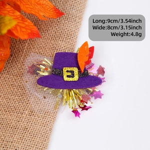 Purple witch hat hair clip with gold glitter buckle and red feathers for Halloween