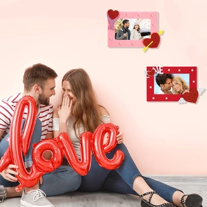 Romantic heart-shaped felt photo frames with LOVE letters and angel wings decoration
