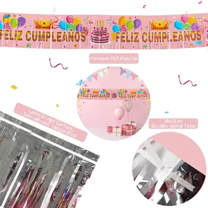 Pink Feliz Cumpleaños rain tassel banner with laser PET fringe for birthday party decoration