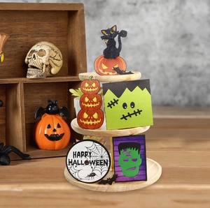 Halloween tiered tray decor set featuring black cat pumpkin and Frankenstein signs