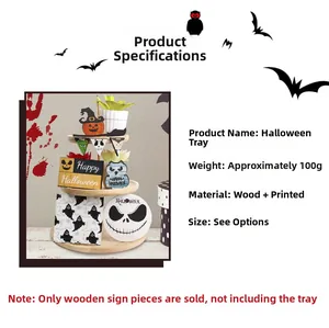 Detail of Halloween wooden tiered tray decor with pumpkin and ghost motifs