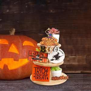 Three-tier wooden tray with Halloween pumpkin, witch silhouette and BOO sign decor