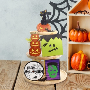 Halloween tiered tray set with black cat, pumpkin signs, and Happy Halloween wood plaque