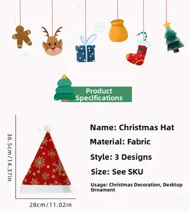 Detailed size chart for red non-woven Christmas hat with gold snowflake patterns