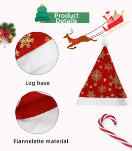 Macro detail of red flannel Christmas hat with gold snowflake print and white plush ball