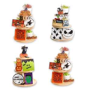 Halloween tiered tray wood decor set featuring pumpkin and ghost theme for party scene