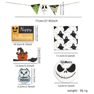 Detailed view of Halloween wooden ornaments with size measurements and weight specs