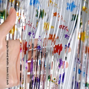 Close-up of 3mm wide silver foil curtain with colorful stars for party decoration