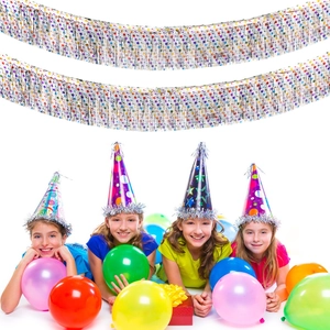 Silver metallic party fringe garland with colorful stars and matching balloons