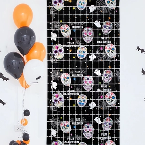 Halloween skull door curtain with colorful sugar skulls and ghost patterns for party decor