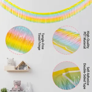 Pastel rainbow fringe curtain backdrop with laser PET material for party decorations