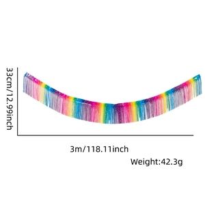 Detailed size specifications for a 3m rainbow tinsel fringe garland party backdrop