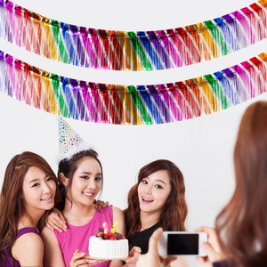Rainbow fringe garland backdrop with colorful metallic foil for party birthday decoration