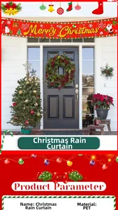 Close-up of PET Merry Christmas tinsel banner with festive Santa and snowman motifs