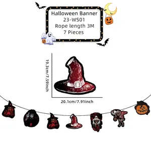Detail specifications of 7-piece Halloween banner set including 3m rope and 20cm motifs