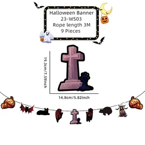 Halloween decorative banner with pumpkin and bat motifs showing 3m length and dimensions