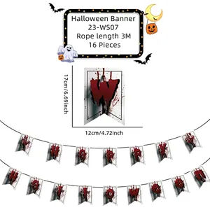 Detail of Happy Halloween banner flags with blood handprint design and size markings