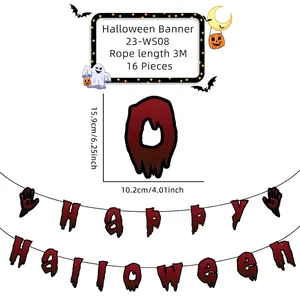 Halloween blood splatter banner with 3M rope and 16 pieces showing size and dimensions