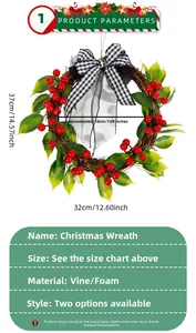Detailed view of a 37x32cm Christmas wreath with red berries and a checkered bow