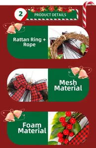 Detailed macro view of woven rattan wreath with red berries and plaid mesh bow decoration