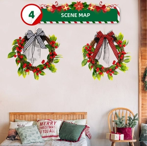Close-up of artificial Christmas wreaths with plaid bows and red berries on a vine base