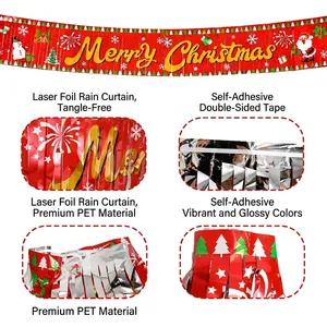 Red laser Christmas fringe curtain with Merry Christmas gold lettering and tree decor