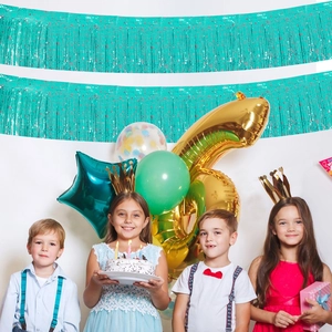 Teal metallic tinsel curtain with silver stars for festive birthday party wall decoration