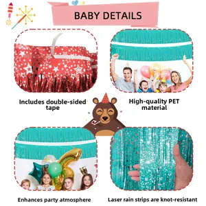 Close-up of laser teal star foil curtain with PET material and self-adhesive backing tape