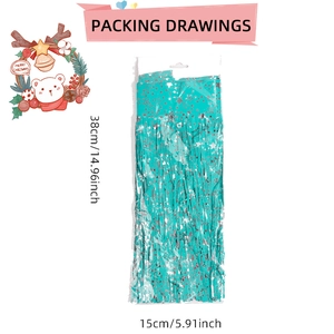 Detail of teal star tinsel curtain banner with dimensions 38cm by 15cm for parties