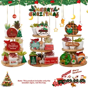 Christmas tiered tray decor kit with wooden signs and Grinch gnome festive ornaments