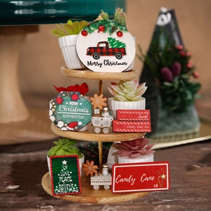 Christmas tiered tray decor set with wooden signs, gnome and festive truck ornaments