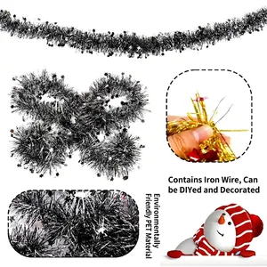 2M black and silver star tinsel garland with flexible inner wire for DIY Christmas decor